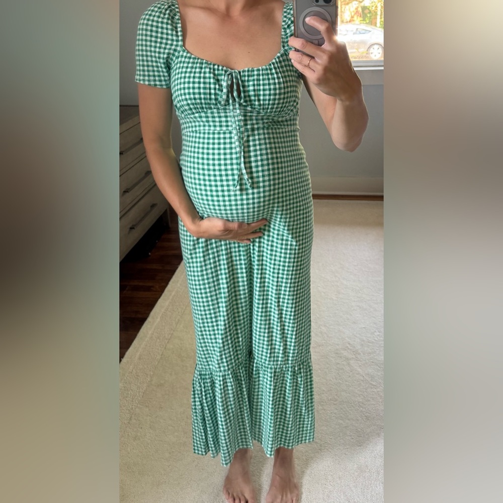 Green Gingham Puff Sleeve Maternity Midi Dress